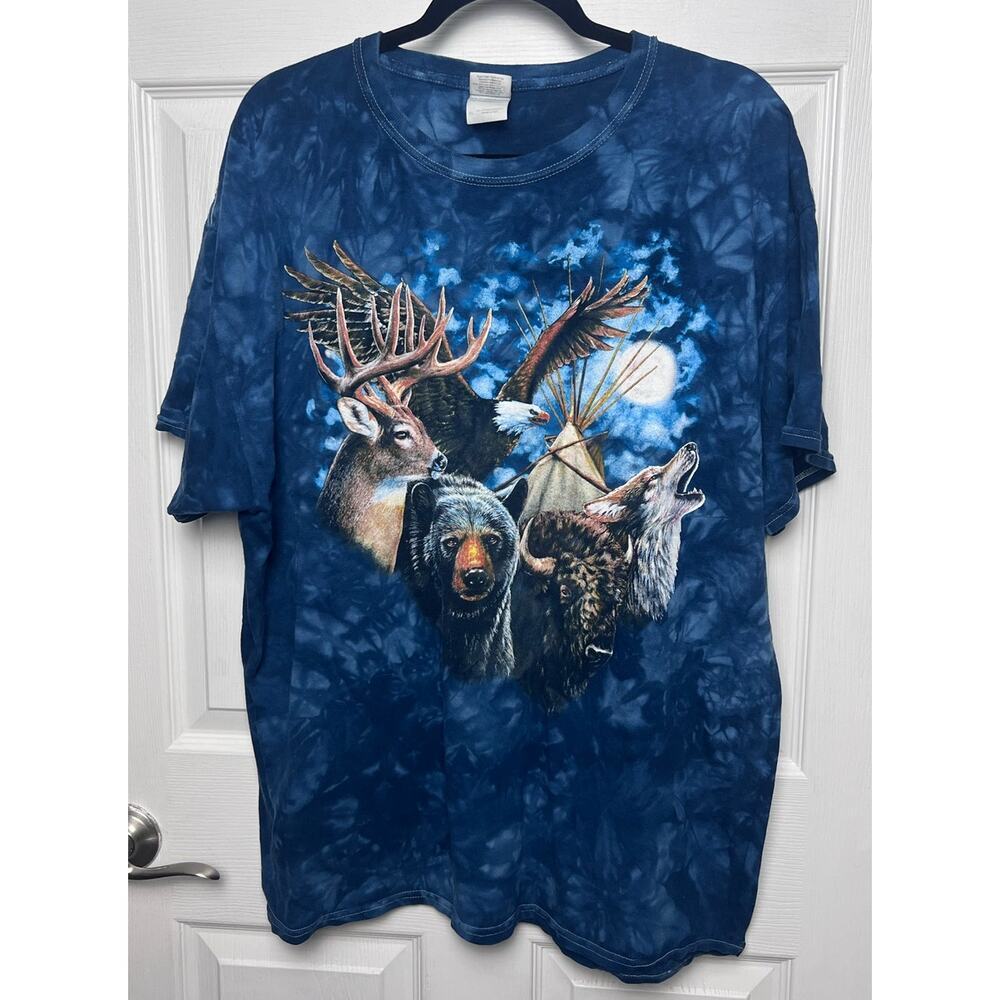 Gildan Vintage 90s Eagle Wolf Bison Bear Tie Dye Short Sleeve T-Shirt Size XL